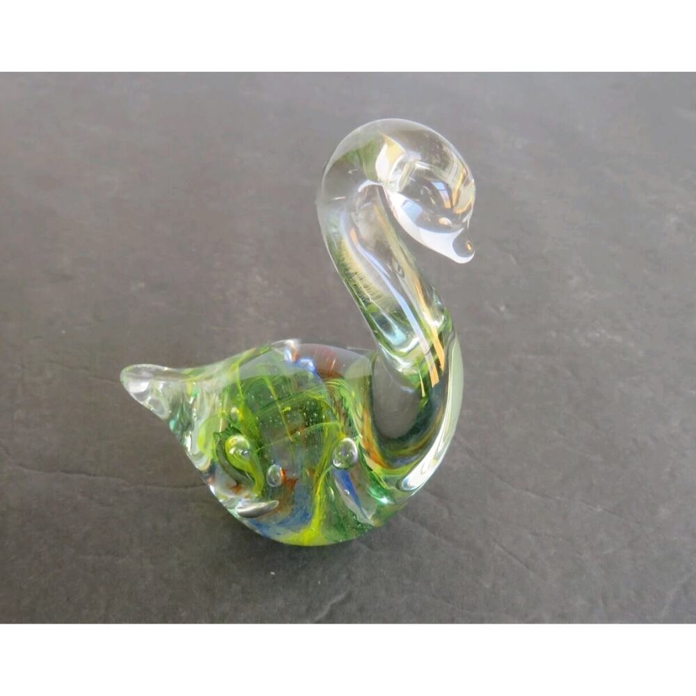 Vintage Art Glass Swan Figurine Millefiori Style Multicolor Hand Blown Paperweig